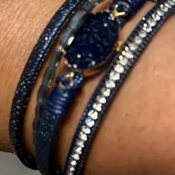Ink Blue Multi Layer Bracelet - Crystal Studded Faux Leather Magnetic Clasp - Picture 2 of 4